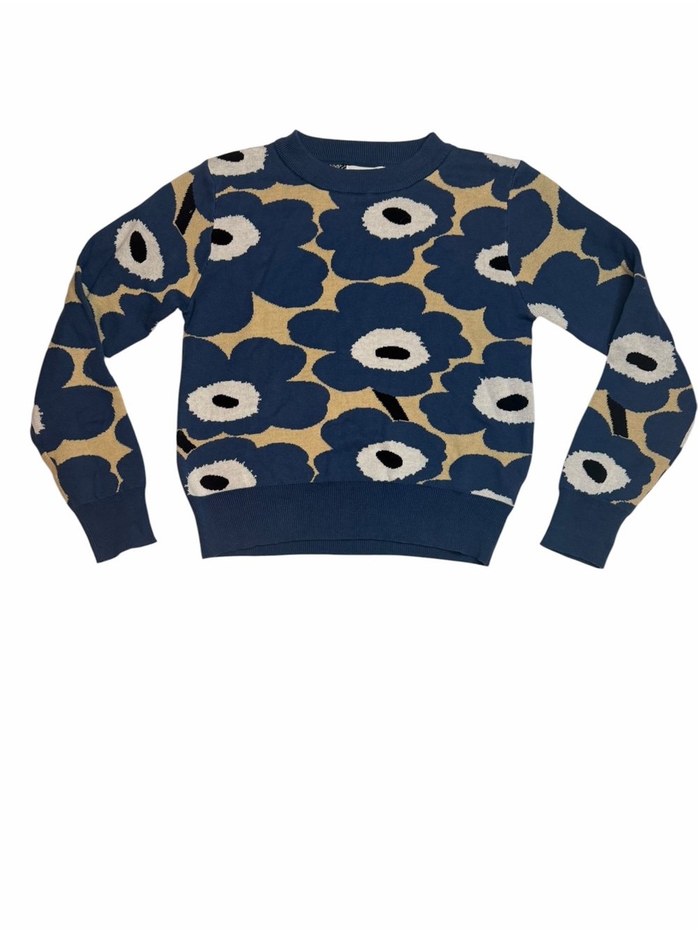 OXKNIT Blue Floral Sweater Medium Retro Mod Knit Pullover 100% Cotton Yarn